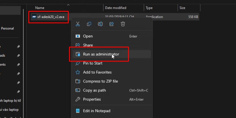 chuột phải vào xf-adesk20_v2 và chọn run as admin