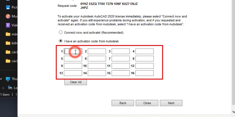 Pates code Activation vào như hình