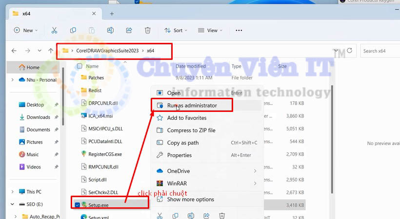 Mở tiếp theo đường dẫn vào bản 64 bit coreldraw 2023 khởi chạy file set up