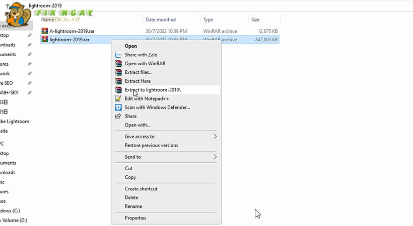 Nhấn chọn file nén lightroom 2019.