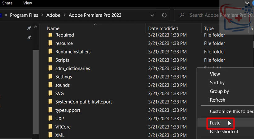 Paste file vừa Copy vào đây để cài Adobe Premiere 2023.