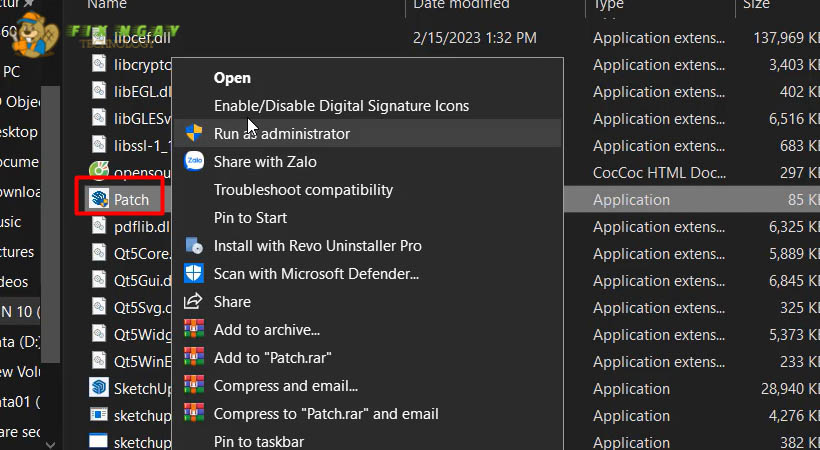 Mở Patch dưới quyền admin sau khi tải sketchup 2023