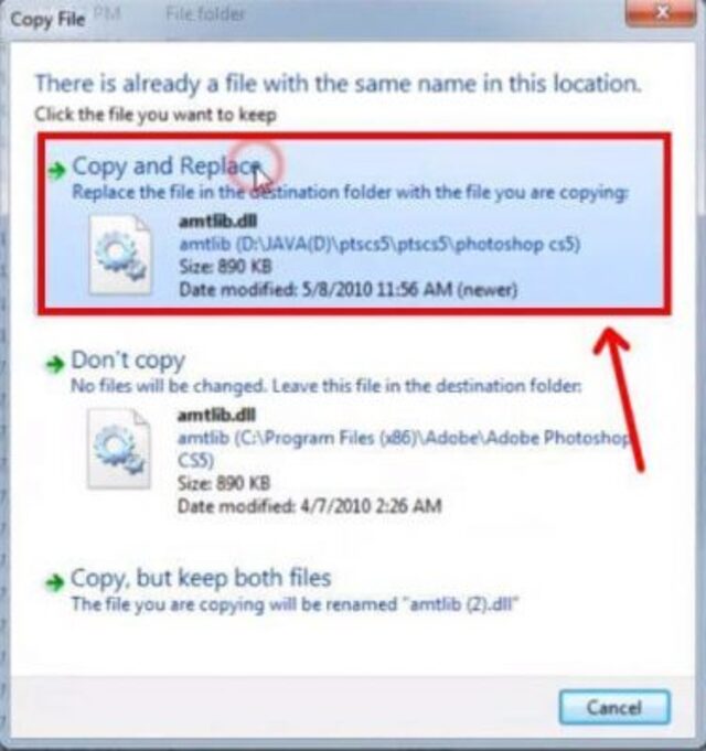 Thay thế file cũ bằng cách nhấp copy and replace