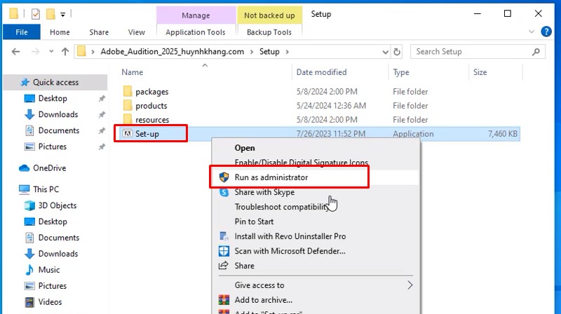 Khởi chạy Set-up bằng quyền Admin